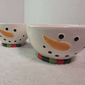 Cracker Barrel Snowman Bowls with Red, Green, and Orange Accents